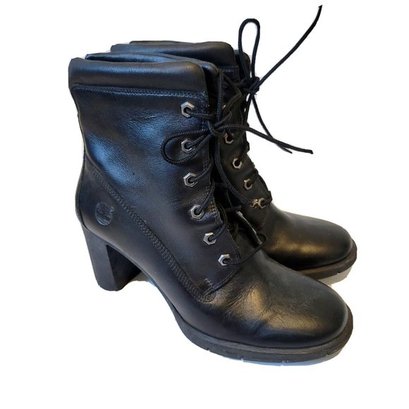 Timberland Leather Boots 9.5 M Women's Black 3" Heels Lug Soles Lace-Up #83358